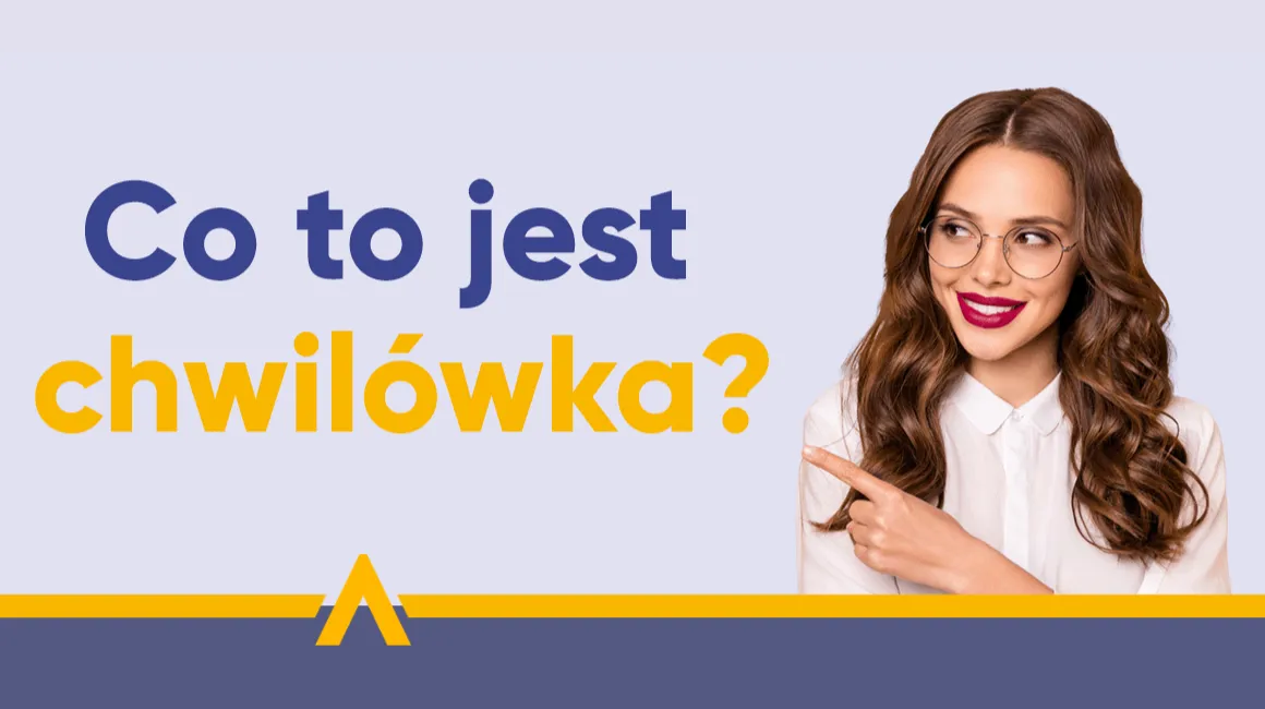 Ilustracja przedstawiająca kobietę wskazującą na tytuł "Co to jest chwilówka?" w kolorowej infografice