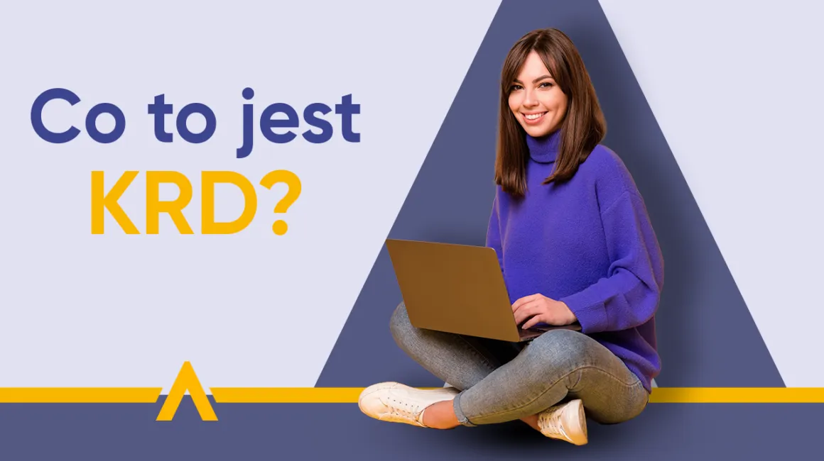 Uśmiechnięta kobieta z laptopem siedząca obok napisu "Co to jest KRD?"