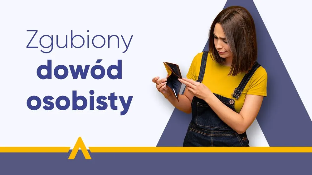 Zaniepokojona kobieta w żółtej koszulce sprawdzająca portfel obok napisu "Zgubiony dowód osobisty"